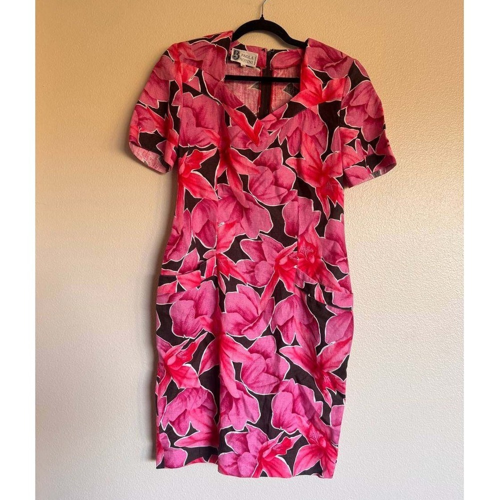 Vintage Paola Baccini Italian Floral Sheath Dress M Linen Tropical Preppy Boho